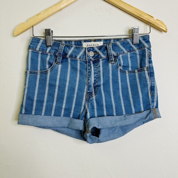 Pacsun Super Stretch Shortie Short 27 Blue Stripe Denim Rolled Cuffs‎ High Rise - Picture 1 of 8